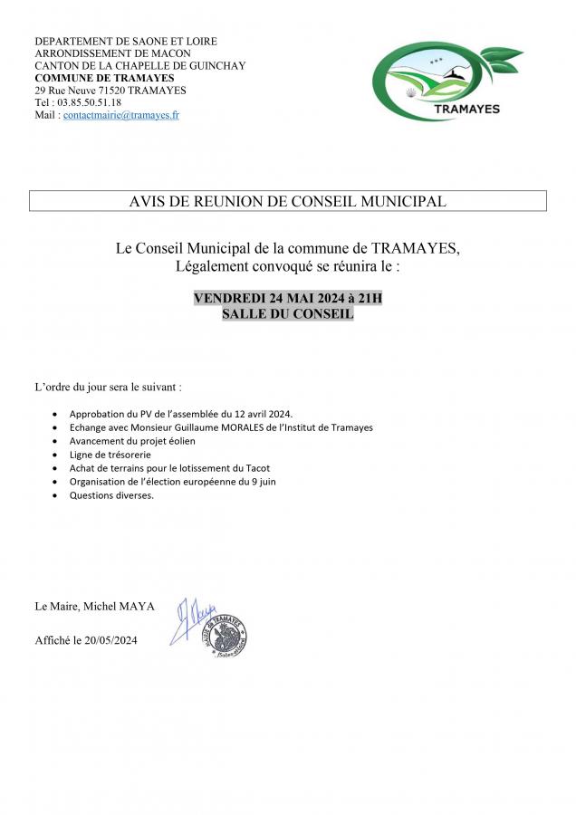 Convocation Conseil Municipal 24 mai 2024